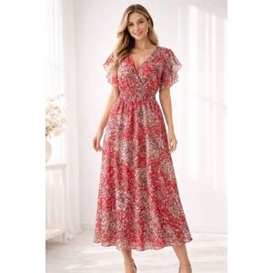 LE RAGAZZE Women's Red Floral Maxi Dress Size XL SILK Blend ITALY MADE Sundress